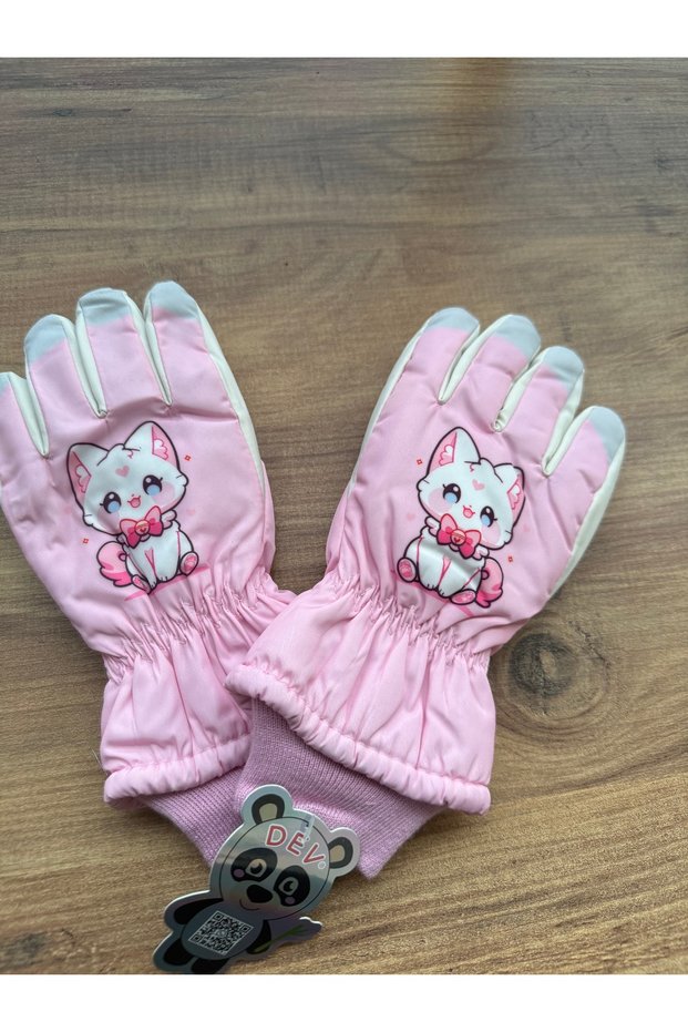 Light Pink Children's Ski and Snow Gloves with Cat Design, Ages 4–7