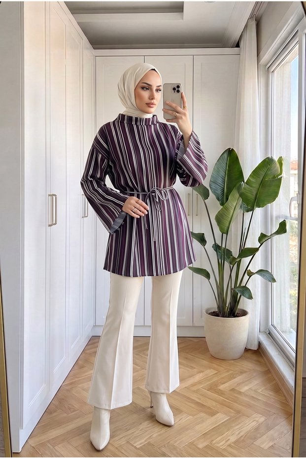Women's scuba fabric turtleneck mock neck checkered belted modest tunic, 67 cm