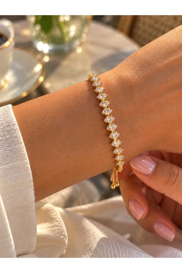 Zircon Shuttlecock-Stone Steel Bracelet with Lift Mechanism—Tarnish-Resistant Gold Plating with Rhodium Protection