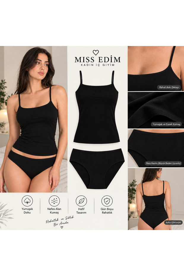 Women's Black Spaghetti Strap Tank Top and Bato Brief Set, 2-Piece Set, Plus Size Options