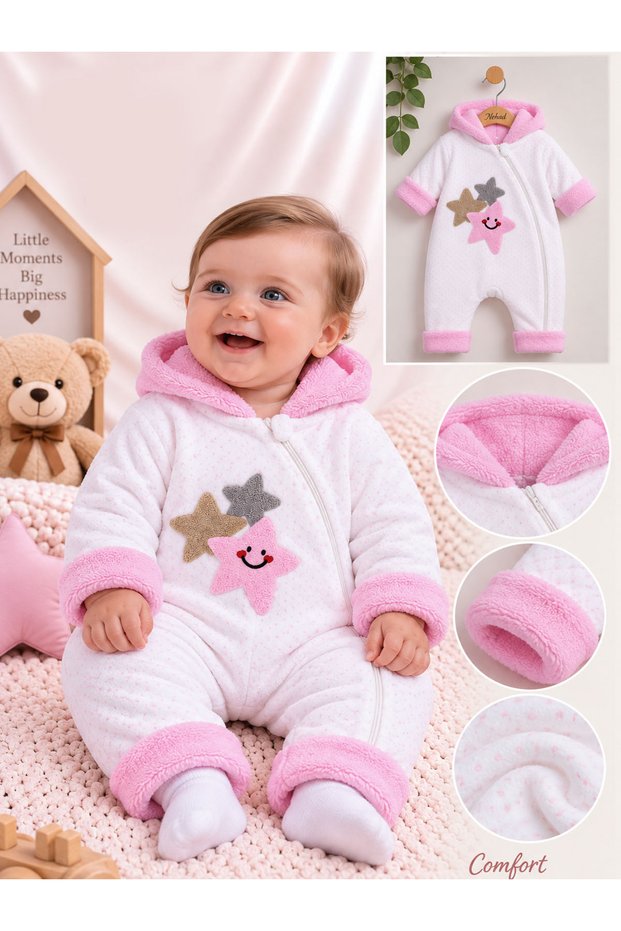 Girls' Welsoft Fleece Winter Onesie with Hood and Zipper, Star Print, Soft and Thick, Pink and White Baby Onesie