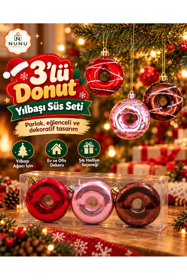 Set of 3 Donut-Shaped Christmas Tree Ornaments – 3 Decorative Christmas Ornaments in Bright Colors (Red, Pink, Brown)