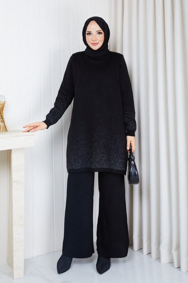 Women's Black Chilled-Yarn Skirt with Glittery Sequins, Ombré, Crew Neck, and Slit—Knit Modest Tunic