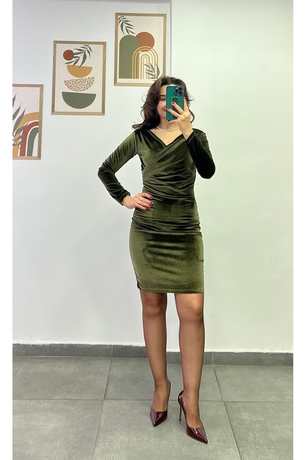 Double-Breasted Dress with Draped Sides Made of Velvet Fabric