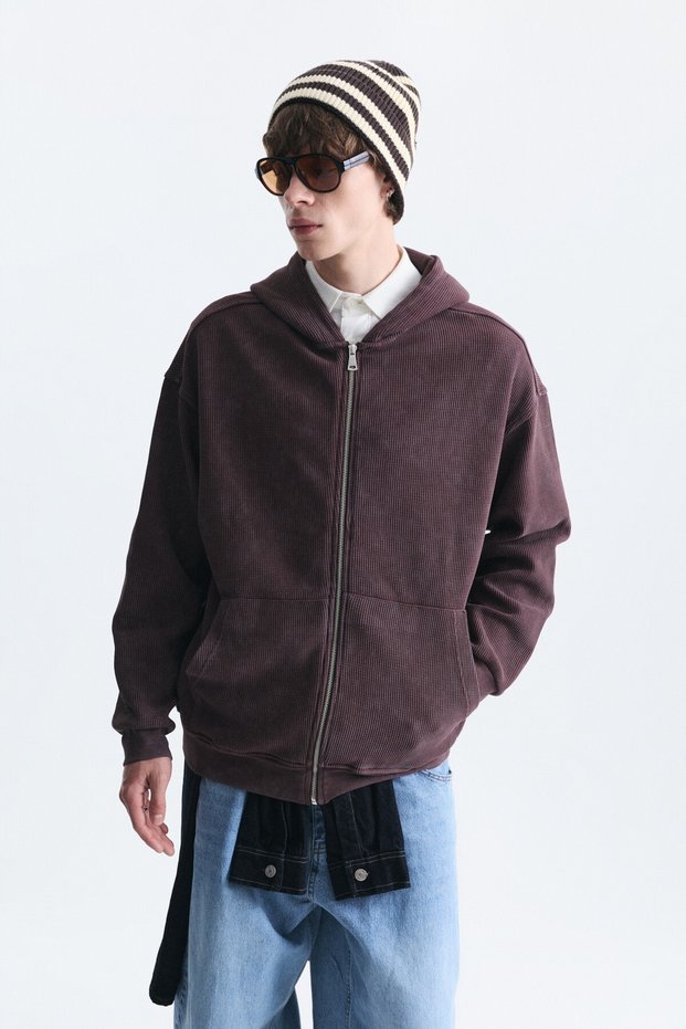 Textured Hooded Sweatshirt with Zipper