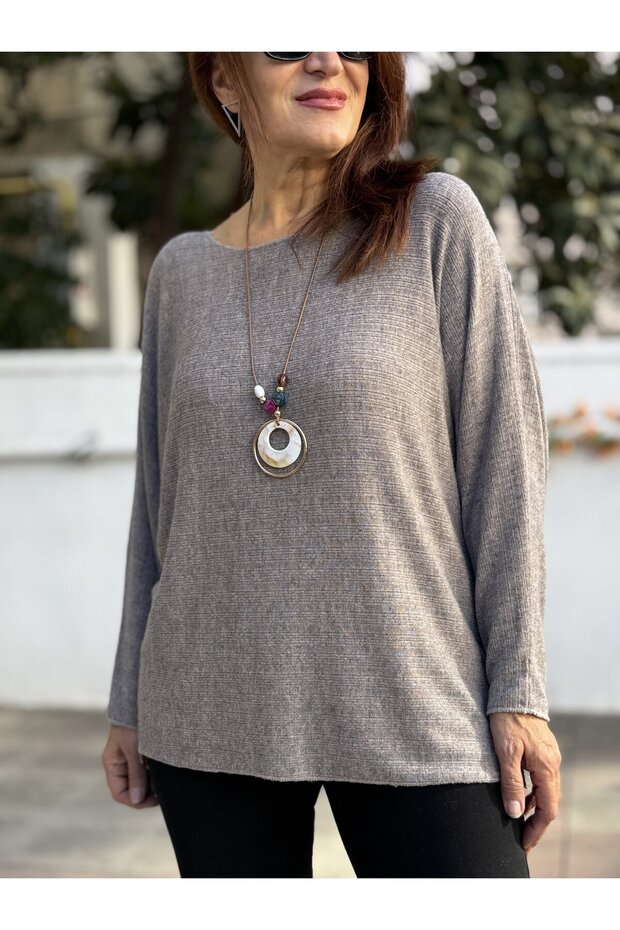 Italian Round-Neck Basket-Weave Textured Knit in Taupe Color