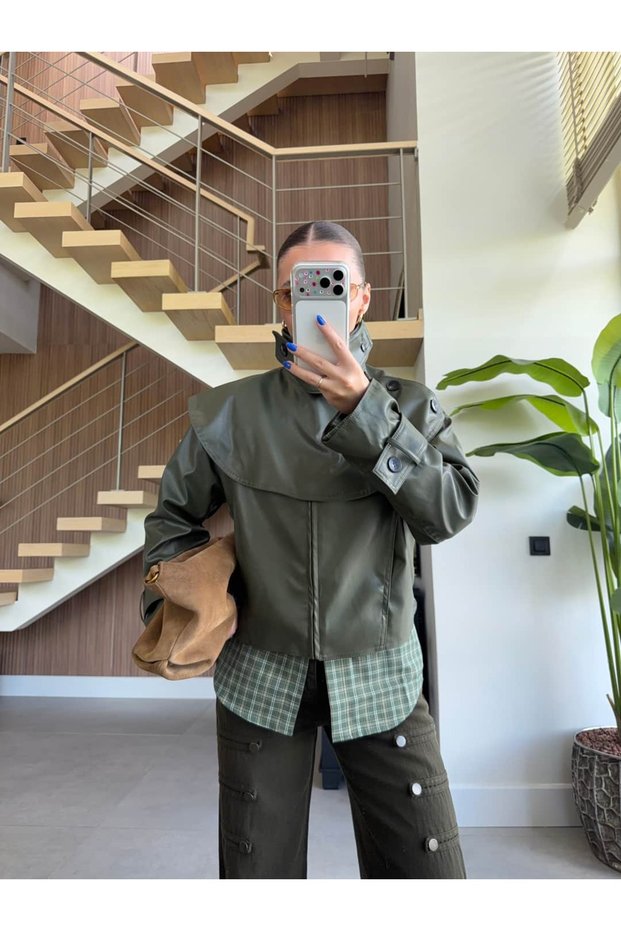 Leather Jacket with a Mock Neck and Shawl Detail