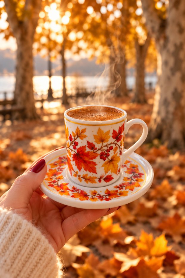 Set of 2 Porcelain Turkish Coffee Cups, with an Autumn Pattern Featuring Plane Tree Leaves, Includes Saucers, 90 cc
