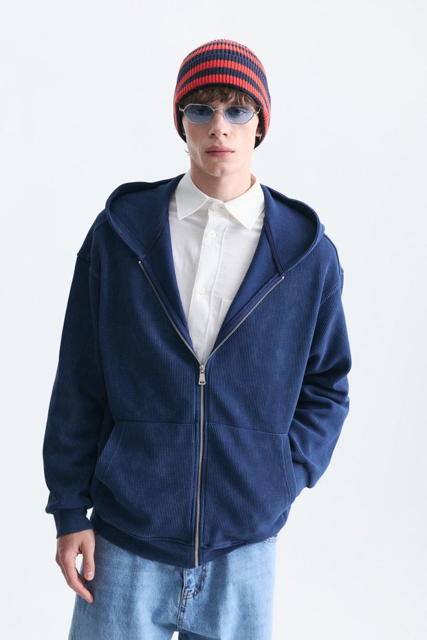 Textured Hooded Sweatshirt with Zipper