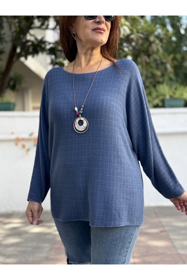 Italian Round-Neck Basket-Weave Knit, Indigo Blue