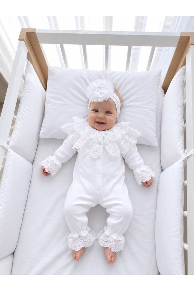 Baby Girl Mevlütlük Jumpsuit with Lace Bandana, 100% Cotton, Hospital Release