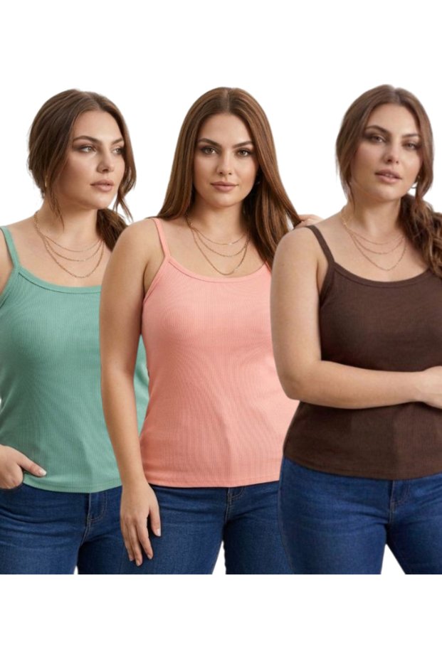 Ribbed Knit Corset Tank Top - 3-Pack (Coffee, Light Green, Salmon)