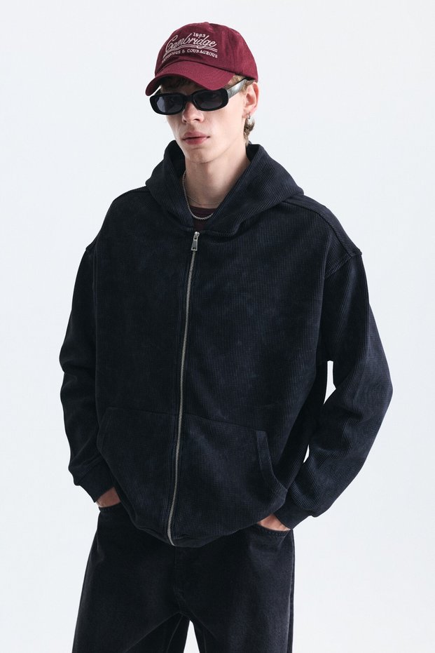 Textured Hooded Sweatshirt with Zipper