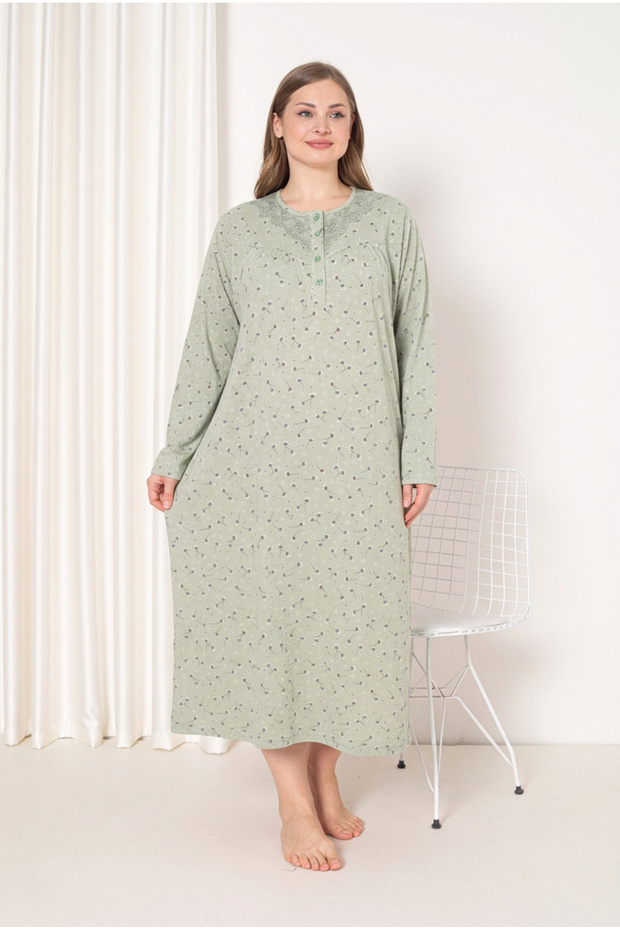 100% Cotton Seasonal Fabric Long Sleeve Plus Size Mother's Nightgown 585