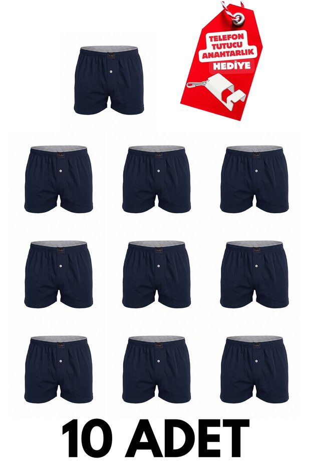10-Piece Set of Plain Cotton Jersey Terry Cloth Men's Boxer Shorts with Buttons (Economy Set) + Free Phone Holder Keychain