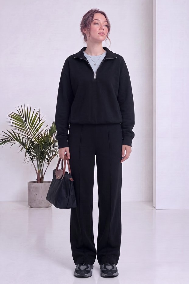 Women's half-zip sweatshirt and wide-leg sweatpants set—Brown, Black