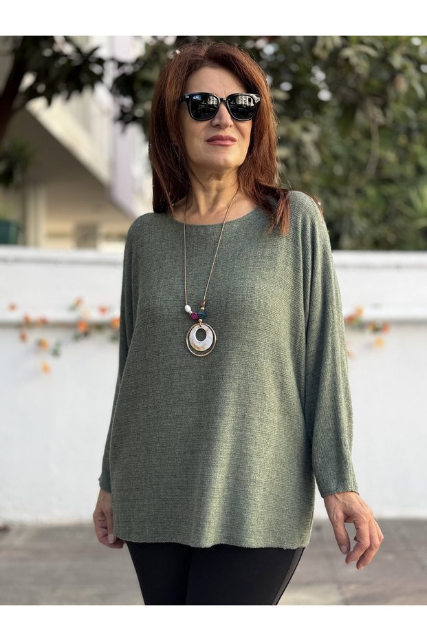 Italian Round-Neck Textured Basket-Weave Knit, Khaki