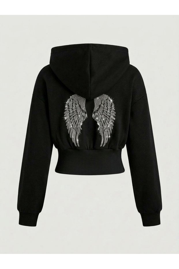 Women's Oversized Short Cropped Hooded Sweatshirt with Crystal Angel Wing Print