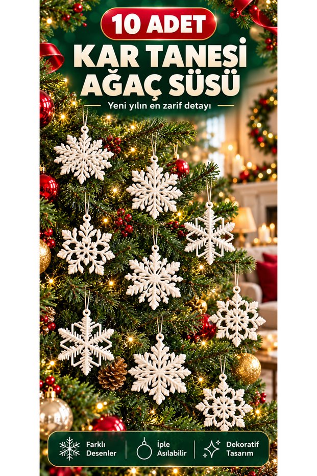 Set of 10 White Snowflake Christmas Tree Ornaments – Decorative Hanging Ornament Set with Various Designs