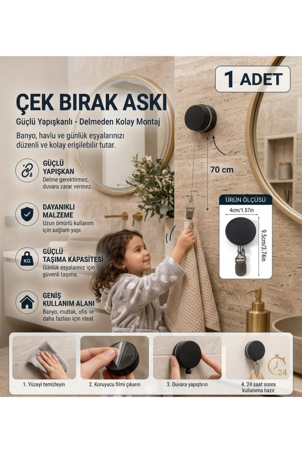 Wall-Mounted Retractable Towel and Dishcloth Holder – Kitchen Towel Holder with Strong Clips (No Drilling Required)