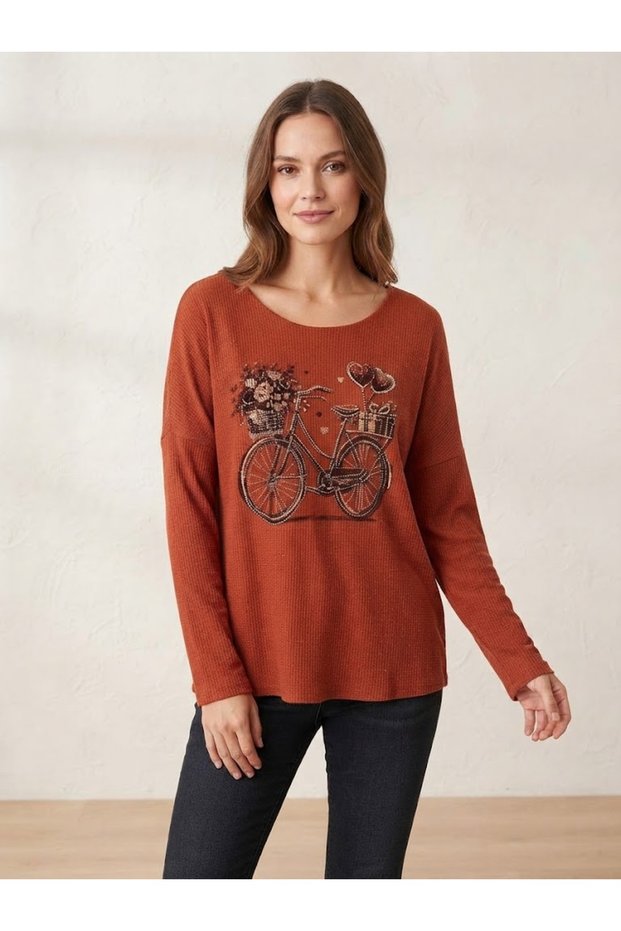 Women's Italian Blouse with Stone Embellishments and Bicycle Print Oversized Loose-Fit Textured Knit Blouse Tunic
