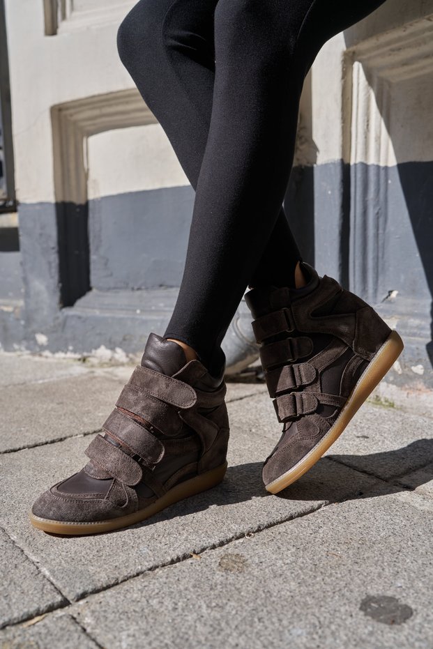 ELLIS WOMEN'S COFFEE-COLORED GENUINE LEATHER PADDED WEDGE HEEL SNEAKER BOOTS WITH VELCRO CLOSURE