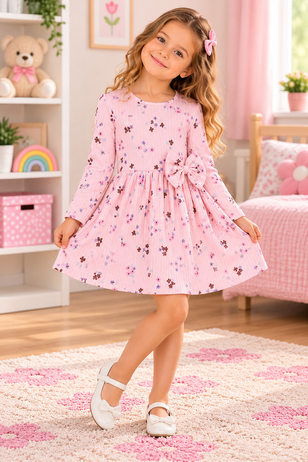 Girls' Pink Dress with Floral Print and Bow Detail – Stylish Long-Sleeved Casual Dress