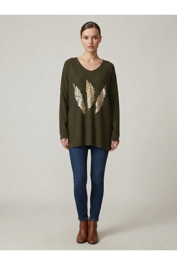 Women's Italian Blouse with Feather Print and Embellished with Stones, Oversized, Loose-Fit, Textured Knit Blouse Tunic