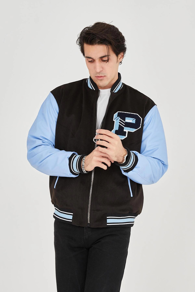 Men's Inner Fiber and Lined Sleeves Faux Leather Jacket - Blue