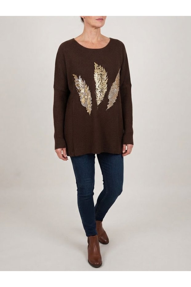 Women's Italian Blouse with Feather Print and Embellished with Stones, Oversized, Loose-Fit, Textured Knit Blouse Tunic