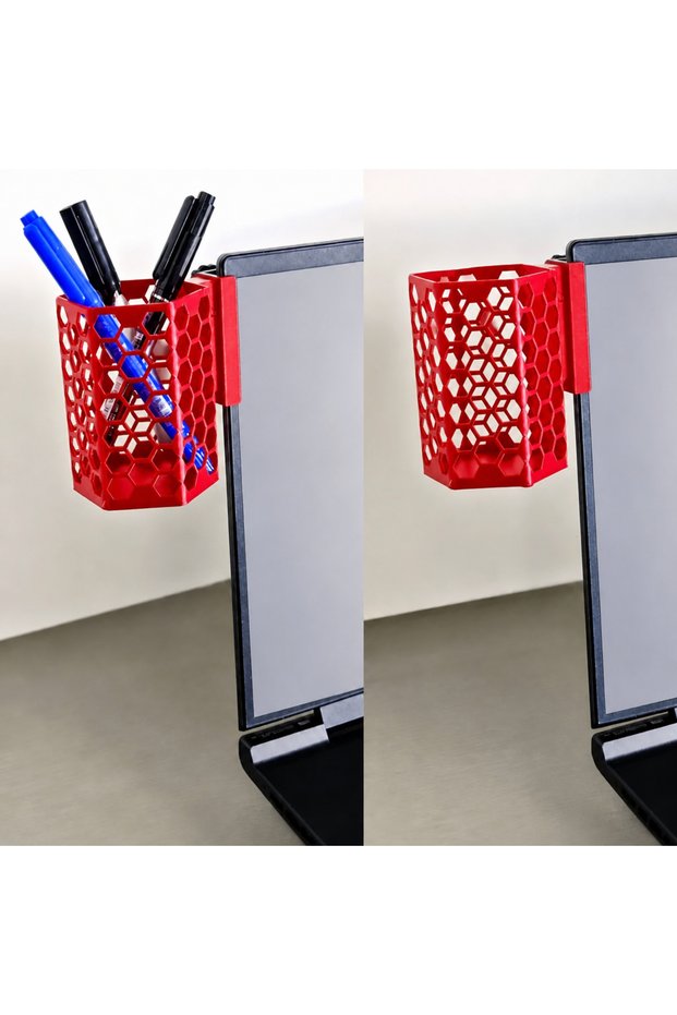 3D-Printed Monitor Pen Holder - Hexagonal Laptop Edge Pen Holder with Honeycomb Pattern - Red BZELDR05