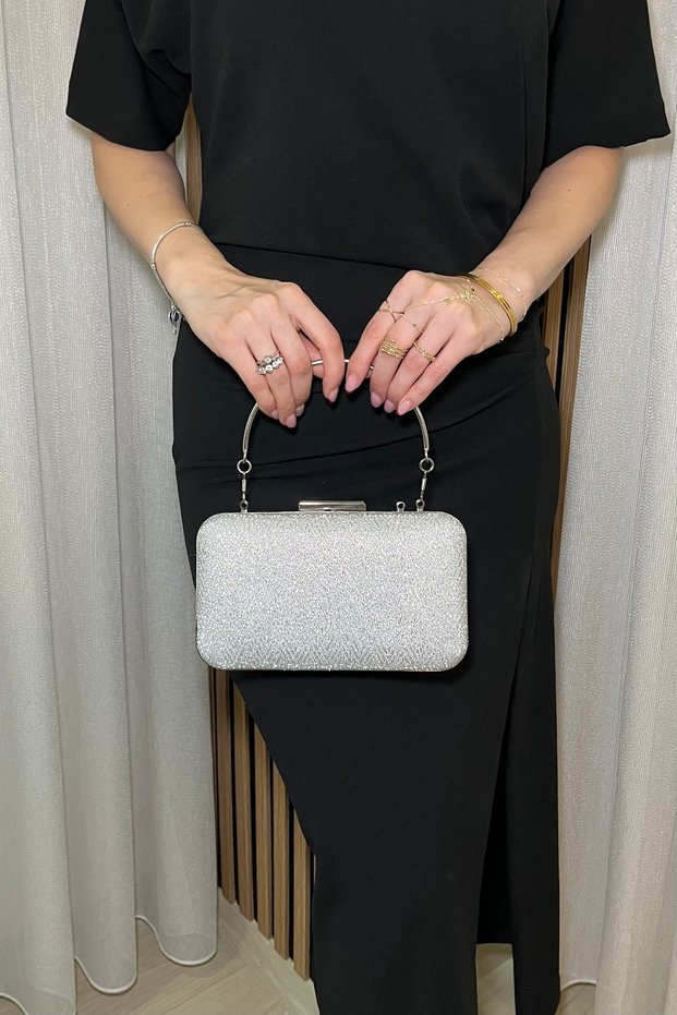 Women's Silver-Glittery Evening Clutch with Silver Accents—Stylish Chain-Strap Evening and Party Clutch