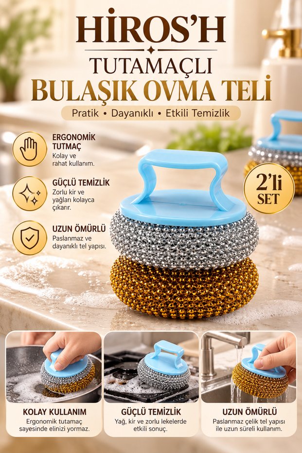 Multi-Purpose, Powerful Scrubbing Brush with Handle for Dishes and Bathroom Wire Sponges