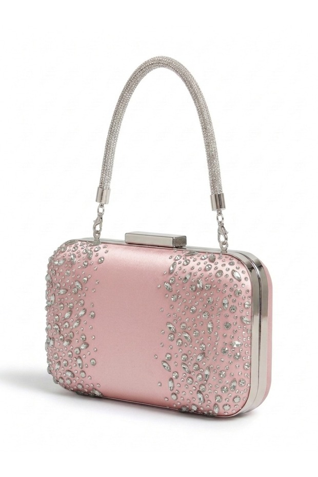 Powder Pink Satin Crystal-Embellished Silver-Strappy Handle Evening Clutch for Women—Perfect for Weddings, Engagements, and Graduations