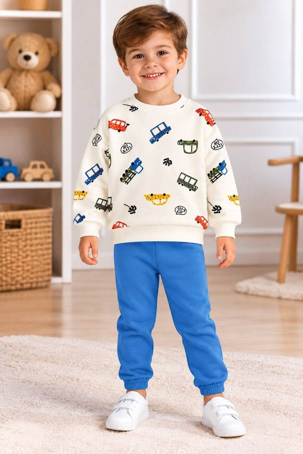 BOYS' CUTE CAR-PRINTED 3-PLY COTTON 1-4 YEARS TOP AND BOTTOM 2-PIECE SET