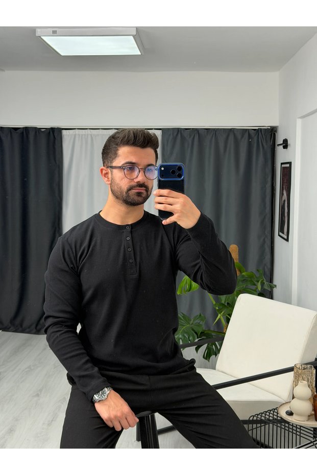 Henley-Collar Corded Fabric Sweatshirt