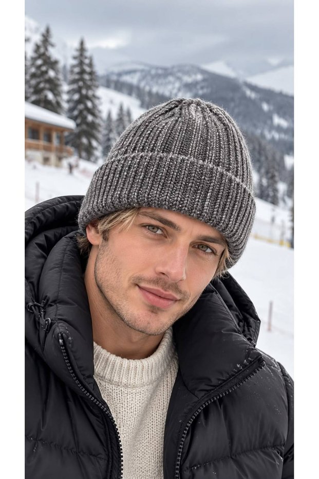 Anthracite Soft-Textured Corded Fabric Knit Men's Beanie