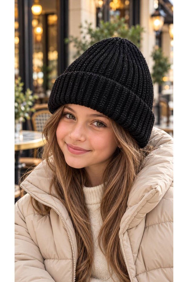 Black Soft-Textured Corded Fabric Knit Girls' Beanie, Ages 7–12
