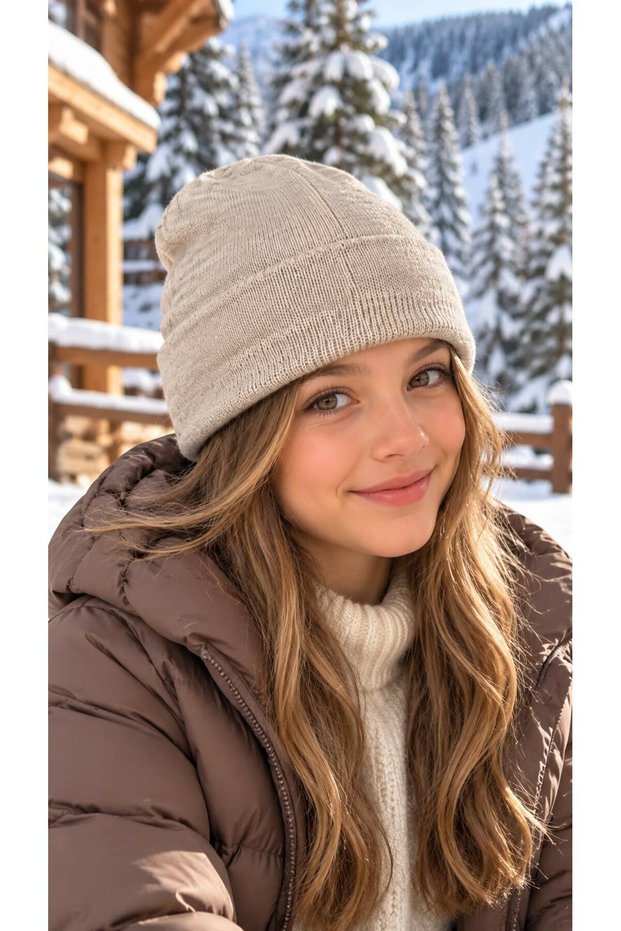 Beige Soft-Textured Knit Girl's Beanie, Ages 7–12