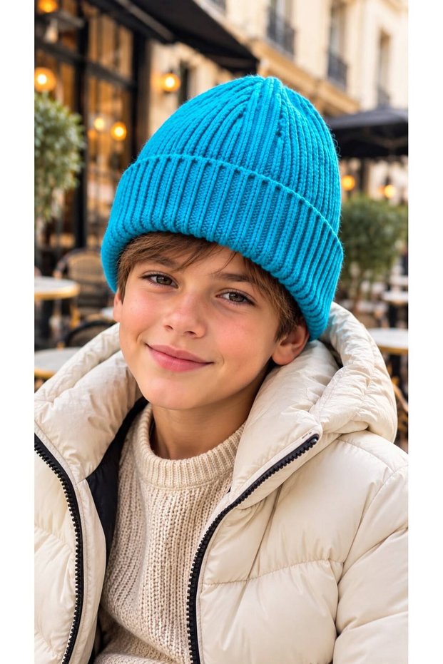 Turquoise Soft-Textured Corded Fabric Knit Boys' Beanie, Ages 7–12