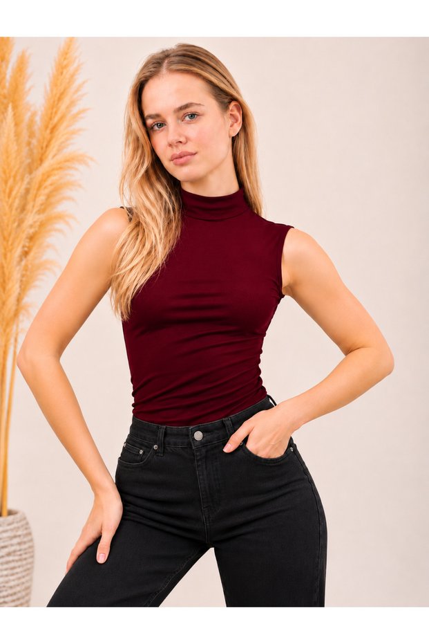 Women's Sleeveless Bodysuit, Stretch Fabric Sleeveless Top, Burgundy