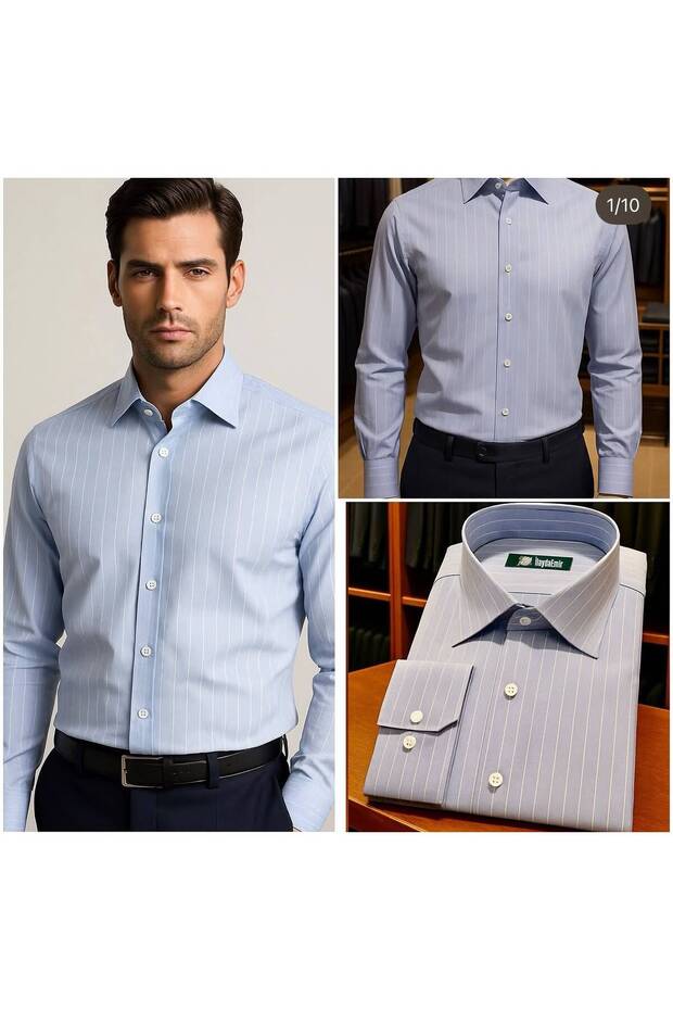 Men's Light Blue and White Thin-Striped Long-Collar Slim Fit Long-Sleeve Classic-Cut Premium Stylish Shirt