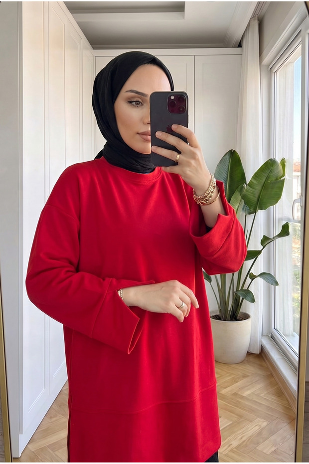 Women's Red Tunic with Crew Neck and Side Slits, Modal Fabric, 75 cm