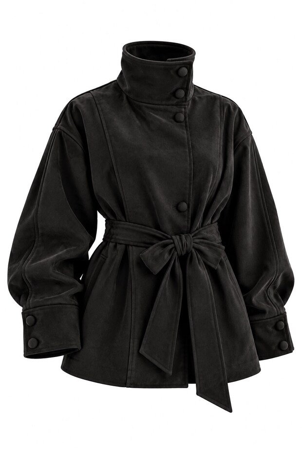 Women's Imported Soft Textured Zr Model High Collar Belted Suede Jacket