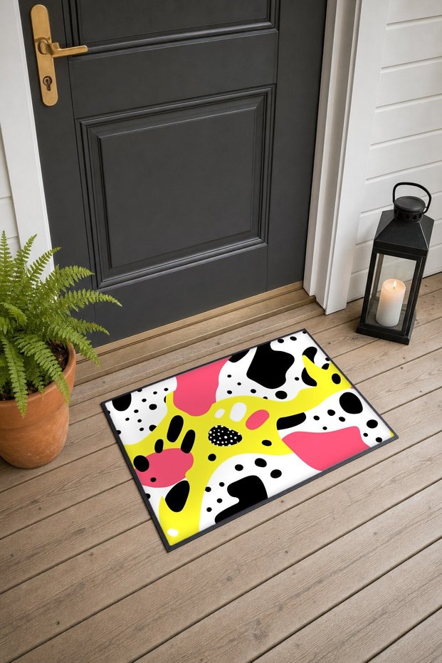 Yellow and Pink Pop Cow-Print Doormat, 40x60 cm, with Non-Slip Sole, Decorative