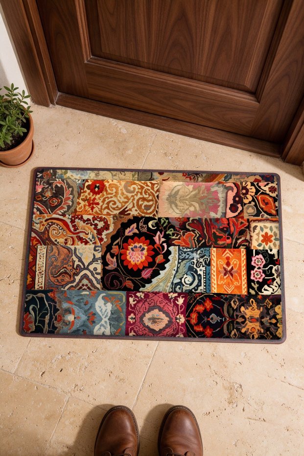 Red and Blue Floral Print Turkish Rug-Style 722 Doormat, 40x60 cm, with Non-Slip Sole