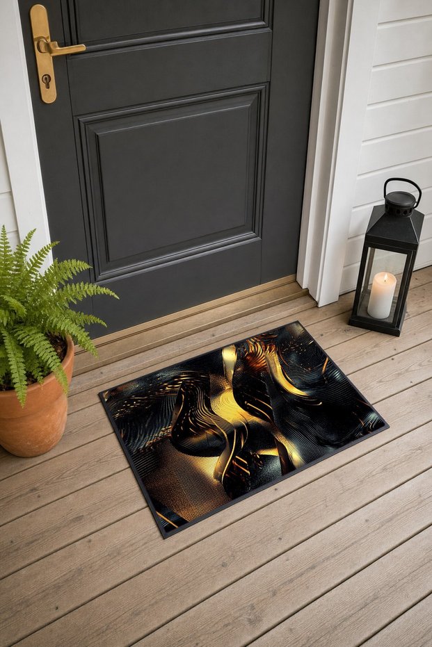 Black Gold Metallic Wave-Patterned Doormat, 40x60 cm, with Non-Slip Sole, Decorative