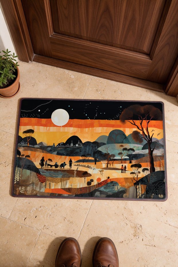 Orange Night Scene Patterned Doormat, 40x60 cm, with Non-Slip Sole, Decorative
