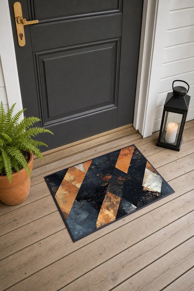 Black and Copper Cross-Striped Geometric Patterned Door Mat, 40x60 cm, with Non-Slip Sole, Decorative