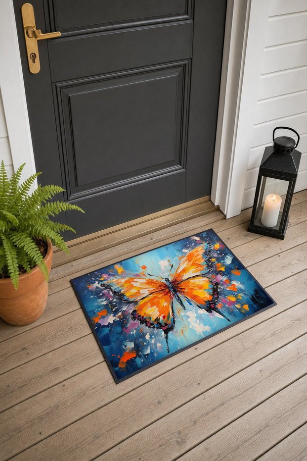 697 Orange and Blue Butterfly-Patterned Doormat, 40x60 cm, with Non-Slip Sole, Decorative